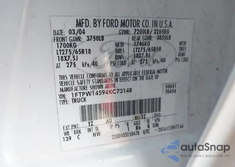 2004 Ford F-150 Fx4/Lariat/Xlt z USA, uszkodzony, nr VIN 1FTPW14594KC73148